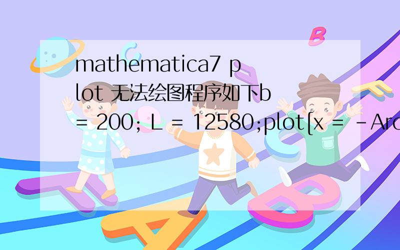 mathematica7 plot 无法绘图程序如下b = 200; L = 12580;plot[x = -ArcSec[(2 (b^3 L + b L^3 - Sqrt[-b^4 L^2 R^2 + 2 b^2 L^4 R^2 - L^6 R^2 + 4 L^4 R^4]))/(b^4 + 2 b^2 L^2 + L^4 - 4 L^2 R^2)],{R,13000,15000}]我运行的结果见图