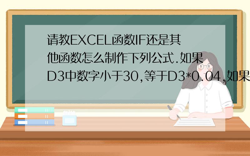 请教EXCEL函数IF还是其他函数怎么制作下列公式.如果D3中数字小于30,等于D3*0.04,如果D3小于等于120,等于8,如果D3>150,等于16,否则等于12.