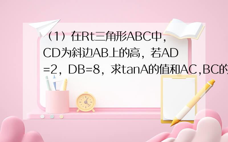 （1）在Rt三角形ABC中，CD为斜边AB上的高，若AD=2，DB=8，求tanA的值和AC,BC的长。（2）在Rt三角形ABC中,角C=90度，CD垂直AB于点D，AC=3，BC=4，则tan角ACD=？（3）在等腰三角形ABC中，AB=AC,如果AB=2BC,求t