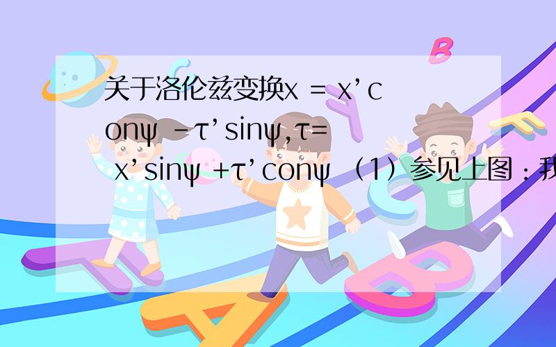 关于洛伦兹变换x = x’conψ –τ’sinψ,τ= x’sinψ +τ’conψ （1）参见上图：我们现在要找出由一个惯性参考系统K到另一个惯性参考系统K’的变换公式,K’以速度V沿X轴对K作相对运动.在这种情
