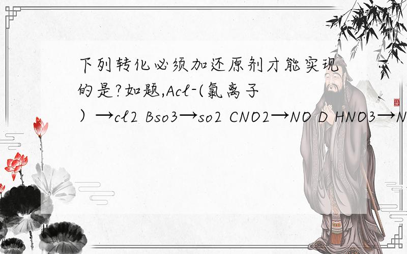 下列转化必须加还原剂才能实现的是?如题,Acl-(氯离子）→cl2 Bso3→so2 CNO2→NO D HNO3→NO选哪个?病简单的说明理由.不要多选.单选的