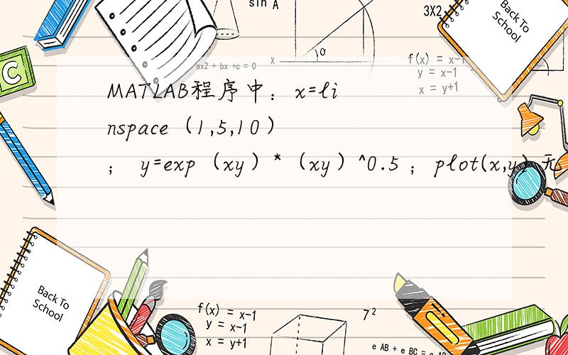MATLAB程序中：x=linspace（1,5,10）； y=exp（xy）*（xy）^0.5 ；plot(x,y) 无法画出图,怎么办?谢谢楼下同学们的回答,这个题目是这样的：y=exp（xy）*（xy）^0.5,请画出y随x的变化曲线.自变量x的取值范围