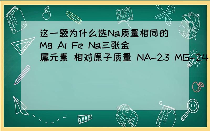 这一题为什么选Na质量相同的Mg Al Fe Na三张金属元素 相对原子质量 NA-23 MG-24 AL-27 FE=56 含原子数最多的是?为什么是啊选Na啊说明白一点...答案我知道,不用你们说,我要问的是为什么会得出Na