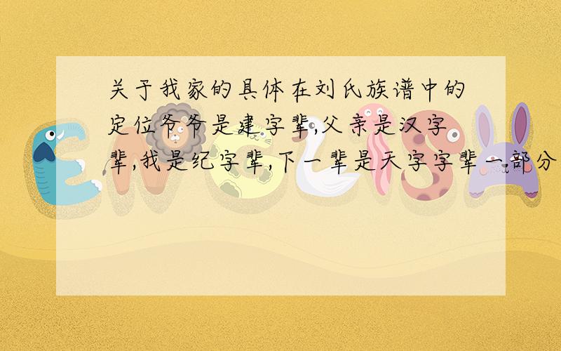 关于我家的具体在刘氏族谱中的定位爷爷是建字辈,父亲是汉字辈,我是纪字辈,下一辈是天字字辈一部分的排序是—— 建汉纪天