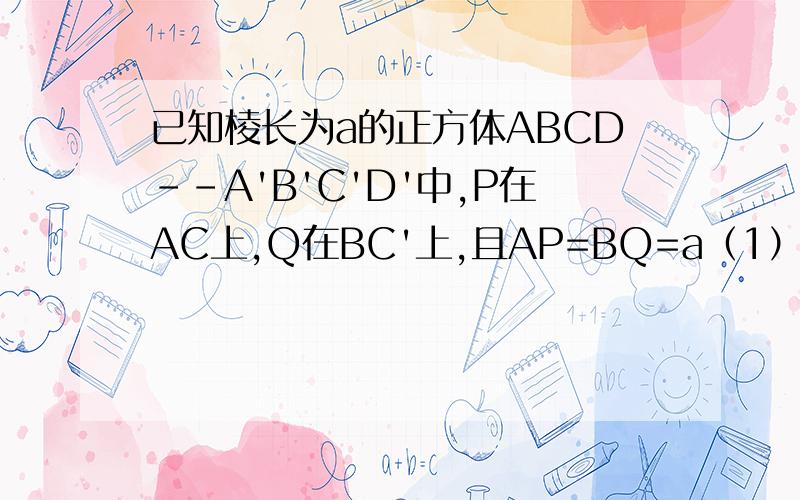 已知棱长为a的正方体ABCD--A'B'C'D'中,P在AC上,Q在BC'上,且AP=BQ=a（1）求直线PQ与平面ABCD所成角的大小；（2）求证：PQ⊥AD