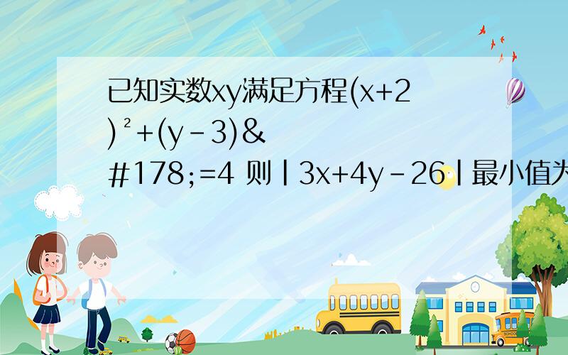 已知实数xy满足方程(x+2)²+(y-3)²=4 则|3x+4y-26|最小值为?已知实数xy满足方程(x+2)²+(y-3)²=4 则|3x+4y-26|最小值为?