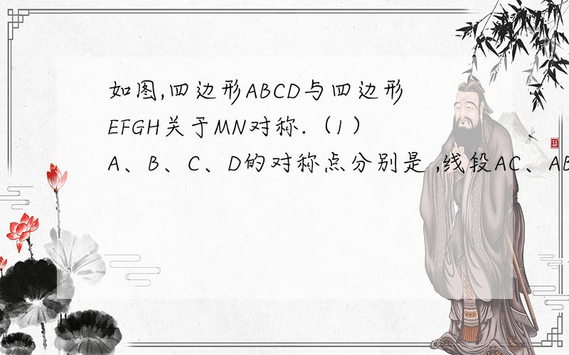如图,四边形ABCD与四边形EFGH关于MN对称.（1）A、B、C、D的对称点分别是 ,线段AC、AB的对应线段分别是 ,CD= ,∠CBA= ,∠ADC= ．（2）AE与BF平行吗?为什么?（3）AE与BF平行,能说明轴对称图形对称点的