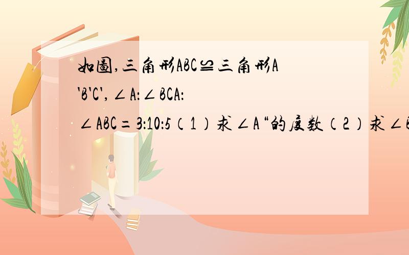 如图,三角形ABC≌三角形A'B'C',∠A：∠BCA：∠ABC=3：10：5（1）求∠A“的度数（2）求∠B'BC的度数