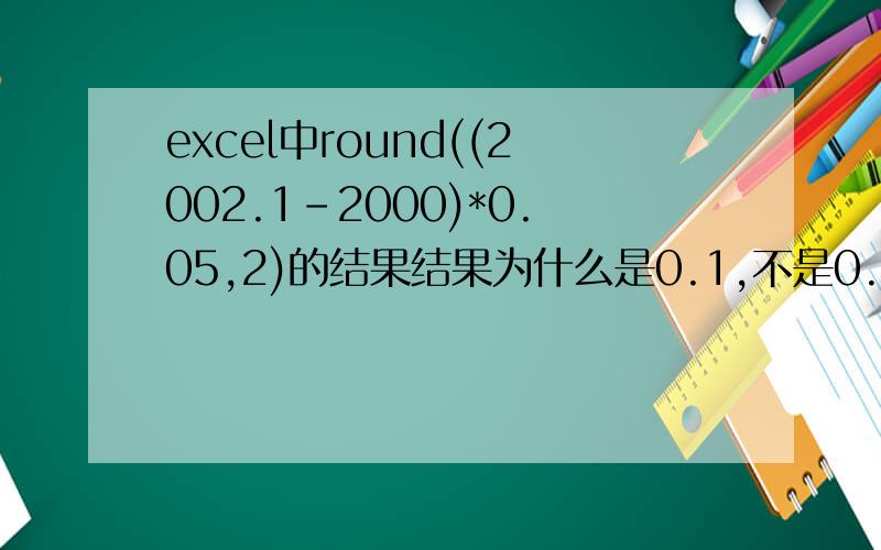 excel中round((2002.1-2000)*0.05,2)的结果结果为什么是0.1,不是0.11 肯定不是格式的问题 ,不信你可以自己试试