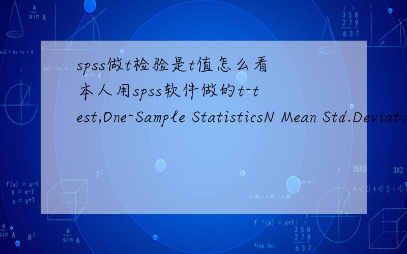spss做t检验是t值怎么看本人用spss软件做的t-test,One-Sample StatisticsN Mean Std.Deviation Std.Error MeanLVHADMA 27 1.71370 .26118 5.0265E-02NLVHADMA 18 1.55167 .24543 5.7850E-02One-Sample TestTest Value = 0 t df Sig.(2-tailed) Mean Diff