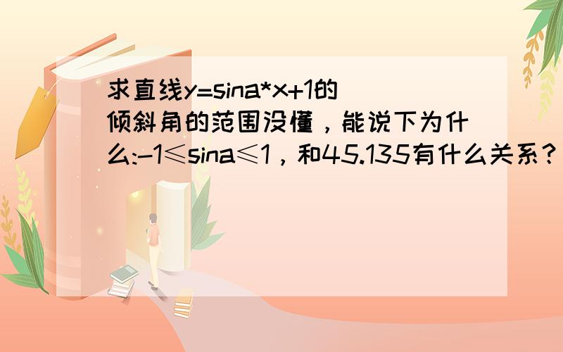 求直线y=sina*x+1的倾斜角的范围没懂，能说下为什么:-1≤sina≤1，和45.135有什么关系？