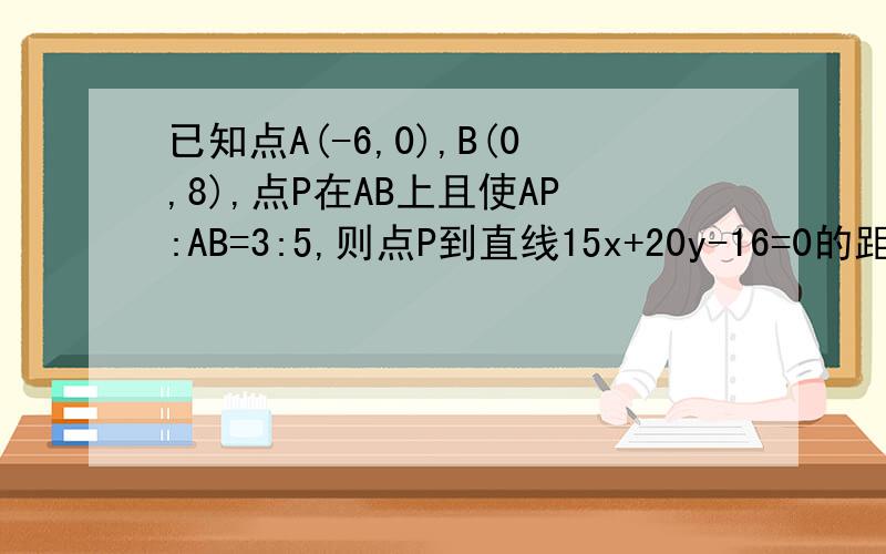 已知点A(-6,0),B(0,8),点P在AB上且使AP:AB=3:5,则点P到直线15x+20y-16=0的距离为正确答案是44/25我做出的答案是6/25