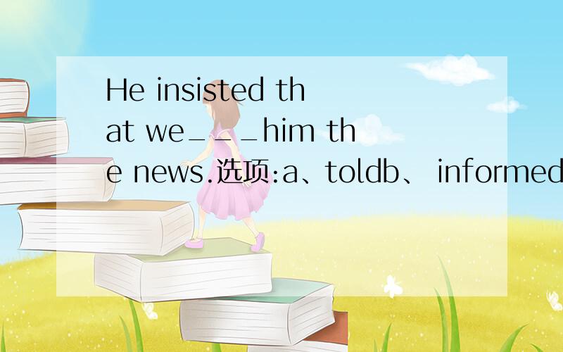 He insisted that we___him the news.选项:a、toldb、 informedc、 helpedd、 tell